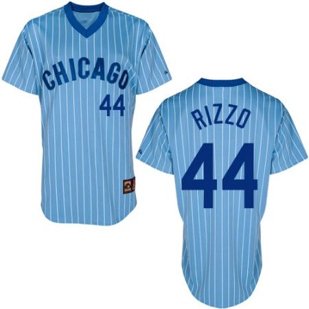 Men's Majestic Chicago Cubs #44 Anthony Rizzo Replica Blue/White Strip Cooperstown Throwback MLB Jersey