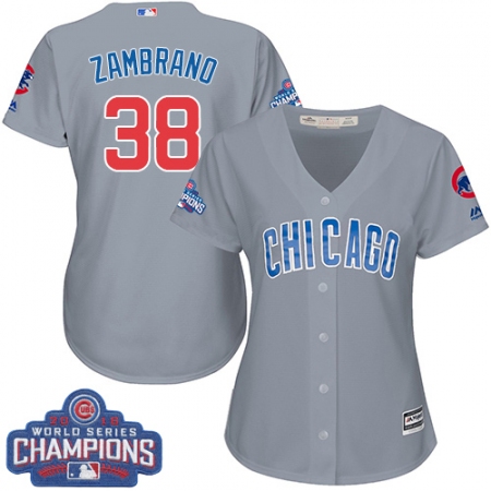 Women's Majestic Chicago Cubs #38 Carlos Zambrano Authentic Grey Road 2016 World Series Champions Cool Base MLB Jersey