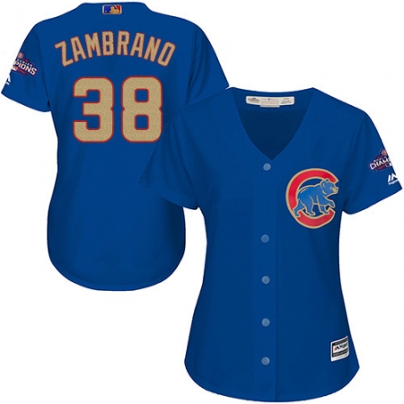 Women's Majestic Chicago Cubs #38 Carlos Zambrano Authentic Royal Blue 2017 Gold Champion MLB Jersey