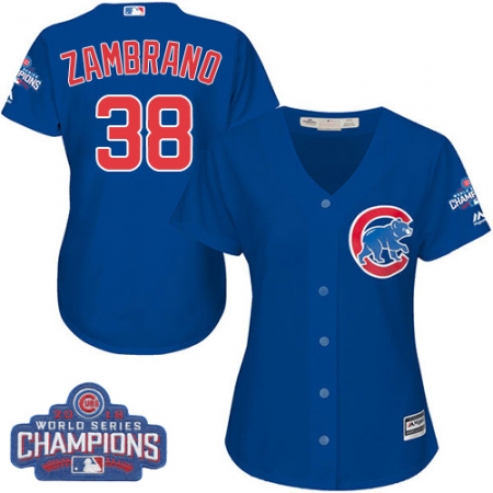 Women's Majestic Chicago Cubs #38 Carlos Zambrano Authentic Royal Blue Alternate 2016 World Series Champions Cool Base MLB Jersey