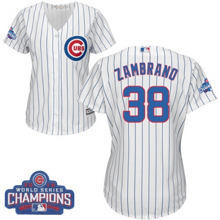 Women's Majestic Chicago Cubs #38 Carlos Zambrano Authentic White Home 2016 World Series Champions Cool Base MLB Jersey