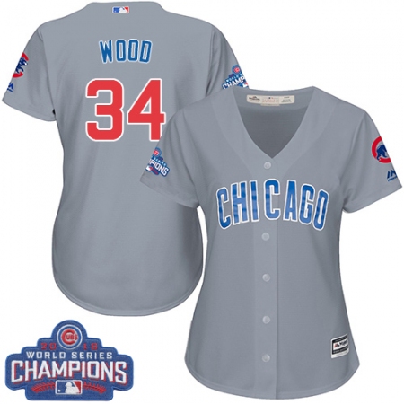 Women's Majestic Chicago Cubs #34 Kerry Wood Authentic Grey Road 2016 World Series Champions Cool Base MLB Jersey