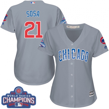 Women's Majestic Chicago Cubs #21 Sammy Sosa Authentic Grey Road 2016 World Series Champions Cool Base MLB Jersey